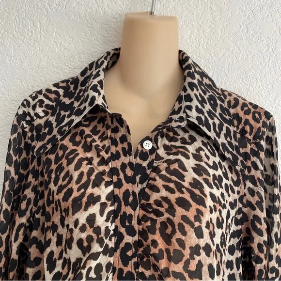 Ganni Leopard Print Button Down Blouse Black Tan Size 40 (US 8) Animal Print Top - Picture 5 of 10